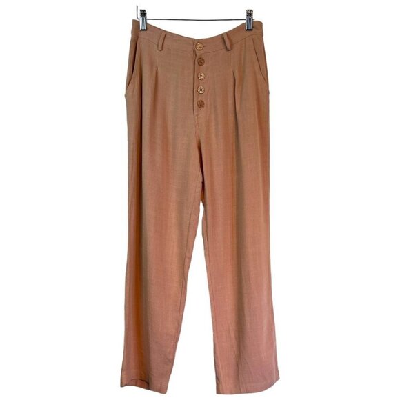 Sans Souci Womens Linen Blend Crop Pant Size M Peach Button Fly Pockets Coastal - Picture 1 of 11